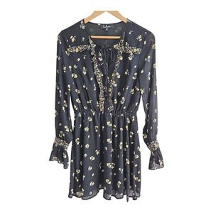 Lulus Black Floral Long Sleeve Tie Neck Mini Dress Women's Size M Fun Spring